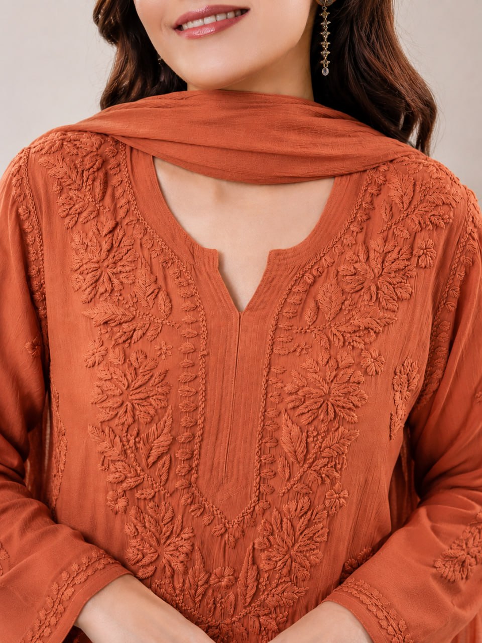 Ember Terracotta embroidered star georgette palazzo suit set with dupatta