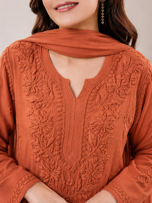 Ember Terracotta embroidered star georgette palazzo suit set with dupatta