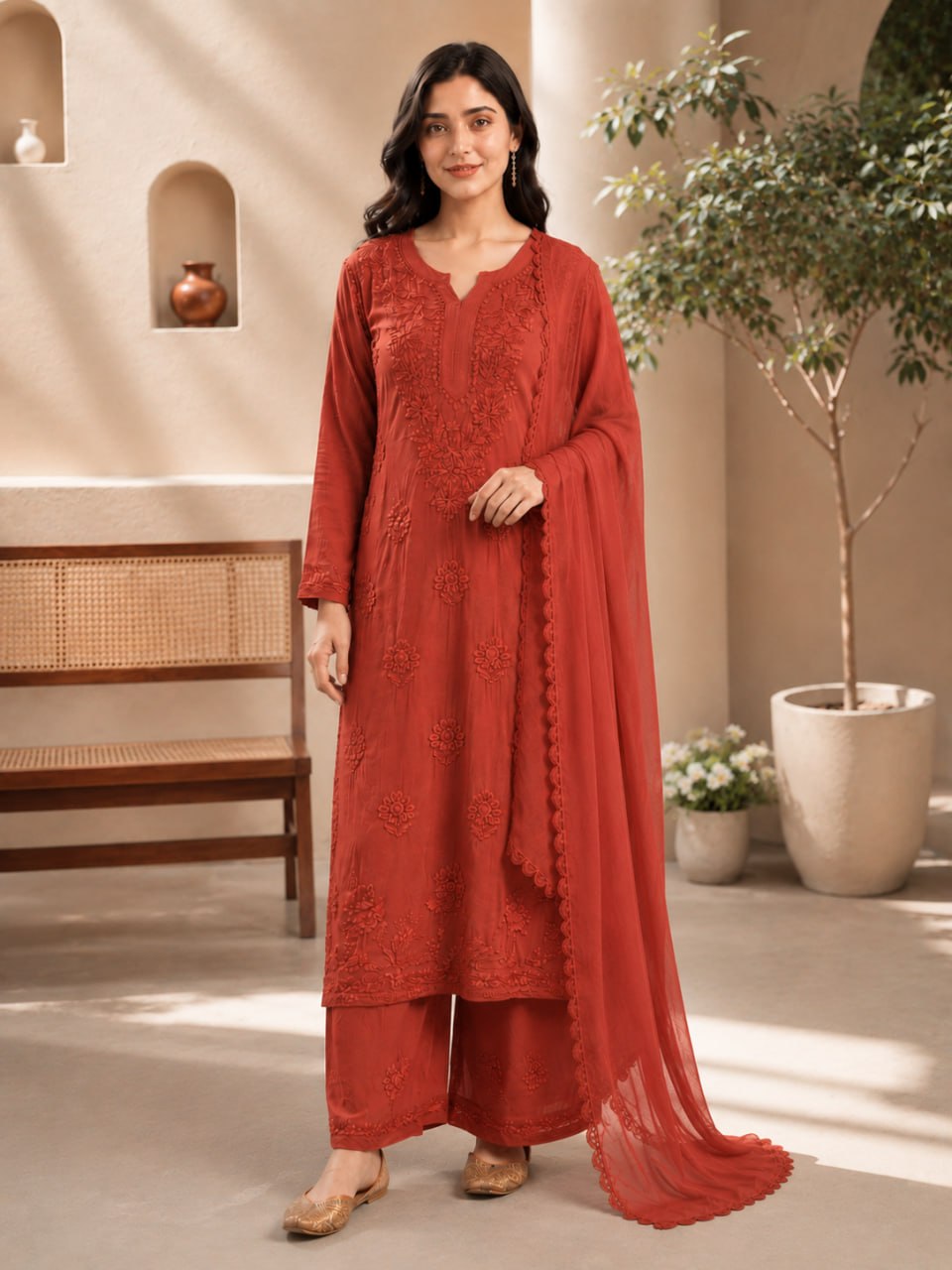 Embroidered star georgette palazzo suit set with dupatta
