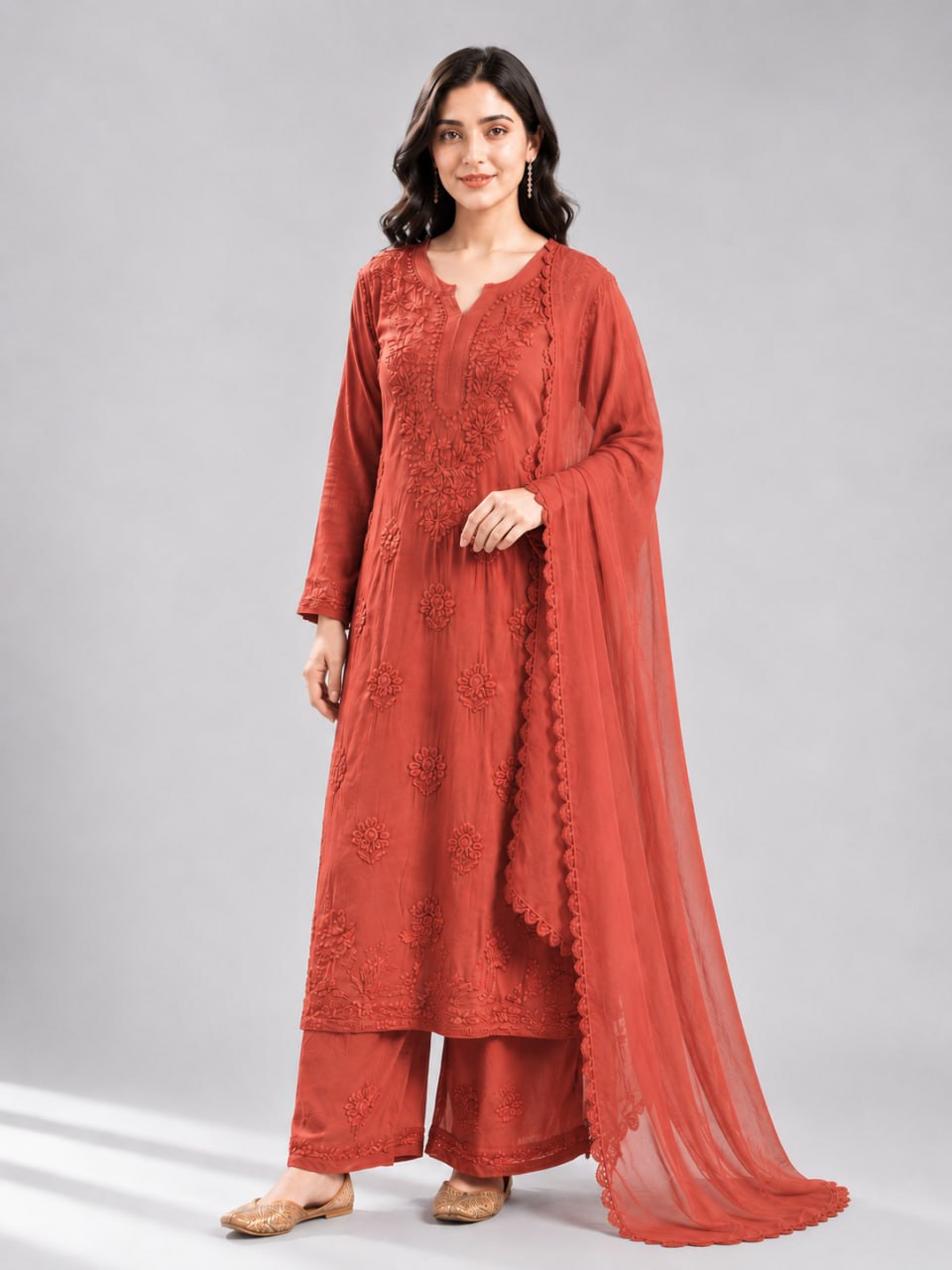 Embroidered star georgette palazzo suit set with dupatta