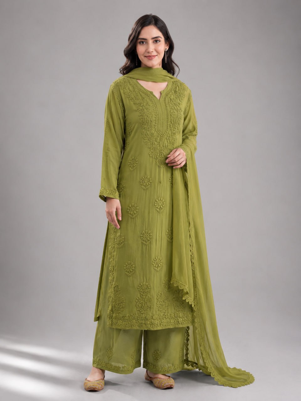 Embroidered star georgette palazzo suit set with dupatta