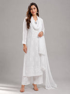 Champagne Sand Maslin palazzo suit set with cotton thread embroidery and dupatta