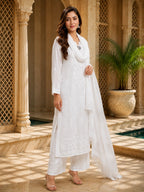 Maslin embroidered top and palazzo suit set with silk inner