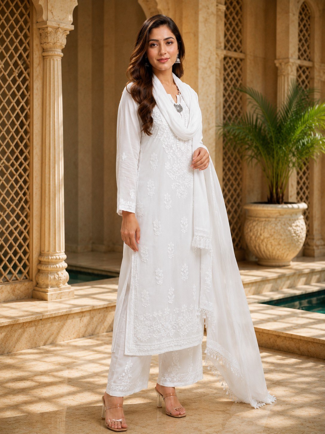 Maslin embroidered top and palazzo suit set with silk inner