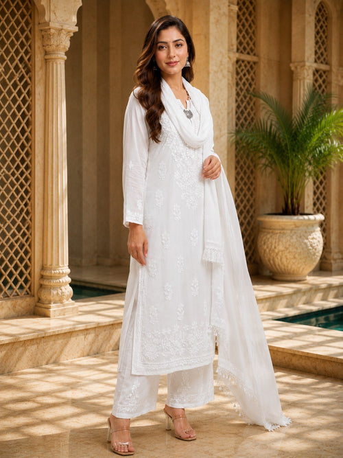 Maslin embroidered top and palazzo suit set with silk inner