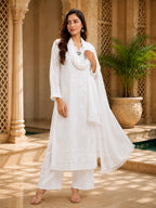Cotton thread embroidered Maslin palazzo suit set with Resa lace dupatta