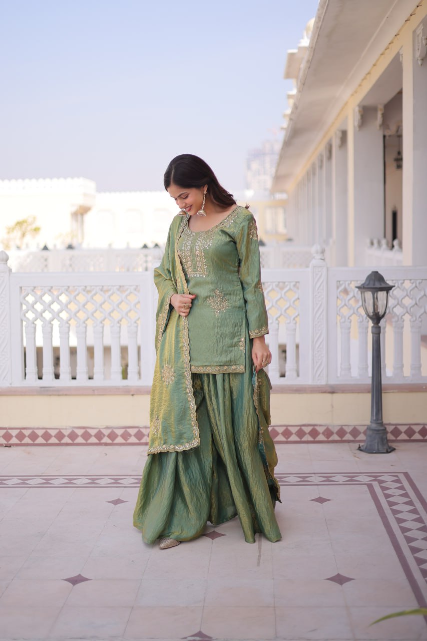 Fendi Crush sharara suit set in Sage Gray with embroidered dupatta