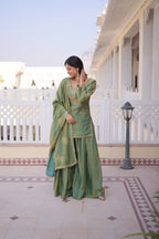 Sage Gray embroidered kurti sharara and dupatta set in Fendi Crush