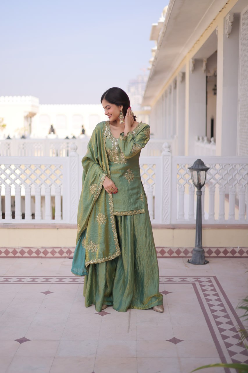 Sage Gray embroidered kurti sharara and dupatta set in Fendi Crush