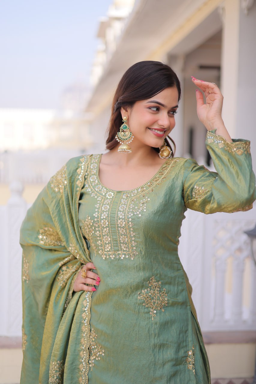 Zari sequins embroidered Sage Gray Fendi Crush sharara suit set