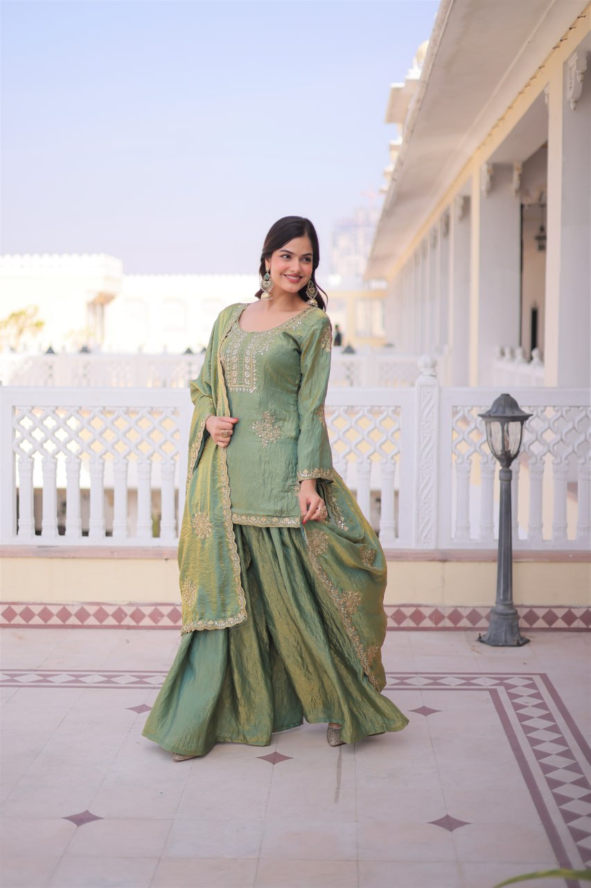 Sage Gray Fendi Crush kurti sharara set with cutwork lace dupatta