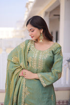 Embroidered Sage Gray sharara set with Fendi Crush dupatta