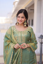 Sage Gray Fendi Crush embroidered sharara set with dupatta