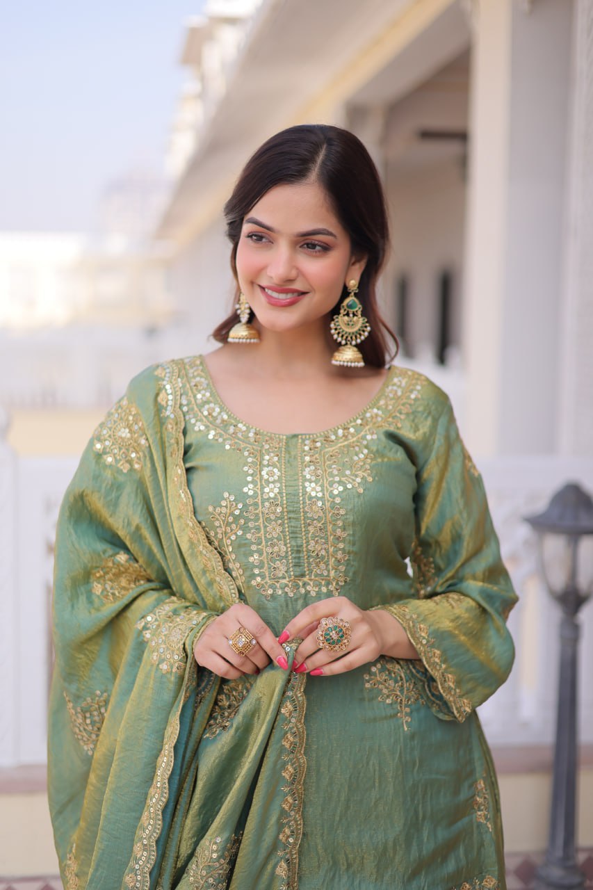 Sage Gray Fendi Crush embroidered sharara set with dupatta