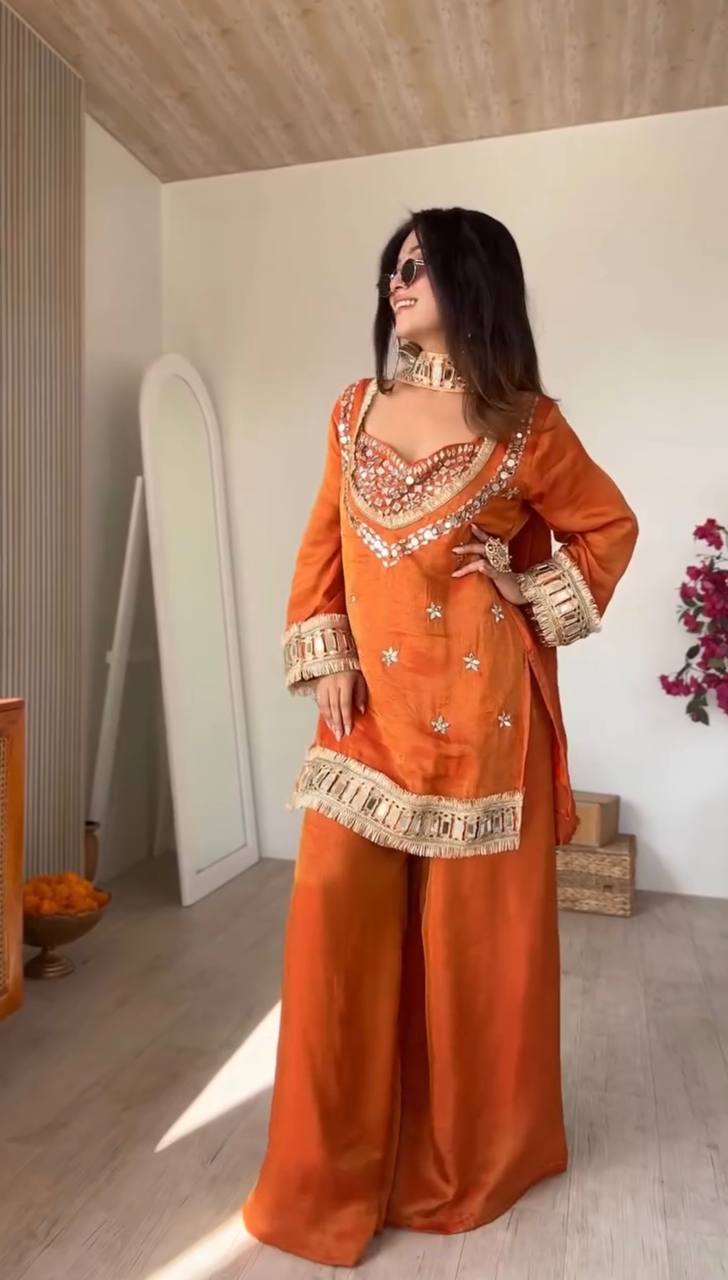 Real Mirror Work Fendy Silk Sharara Set