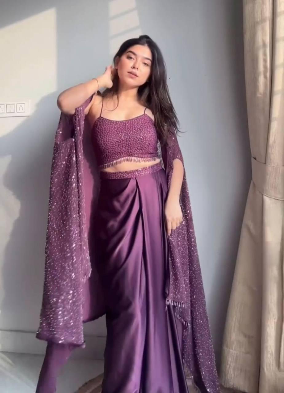 Sequin embroidered shrug, tube choli and draped skirt set - ETI-003 - product image 2
