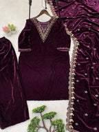 Sequin embroidered velvet kurta pant set with dupatta - KUR-002 - image 3