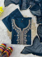 Sequin embroidered Roman Silk kurti pant set with Nazneen dupatta - Midnight Blue - KUR-001 - image 10