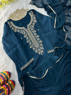 Sequin embroidered Roman Silk kurti pant set with Nazneen dupatta - Midnight Blue - KUR-001 - image 9