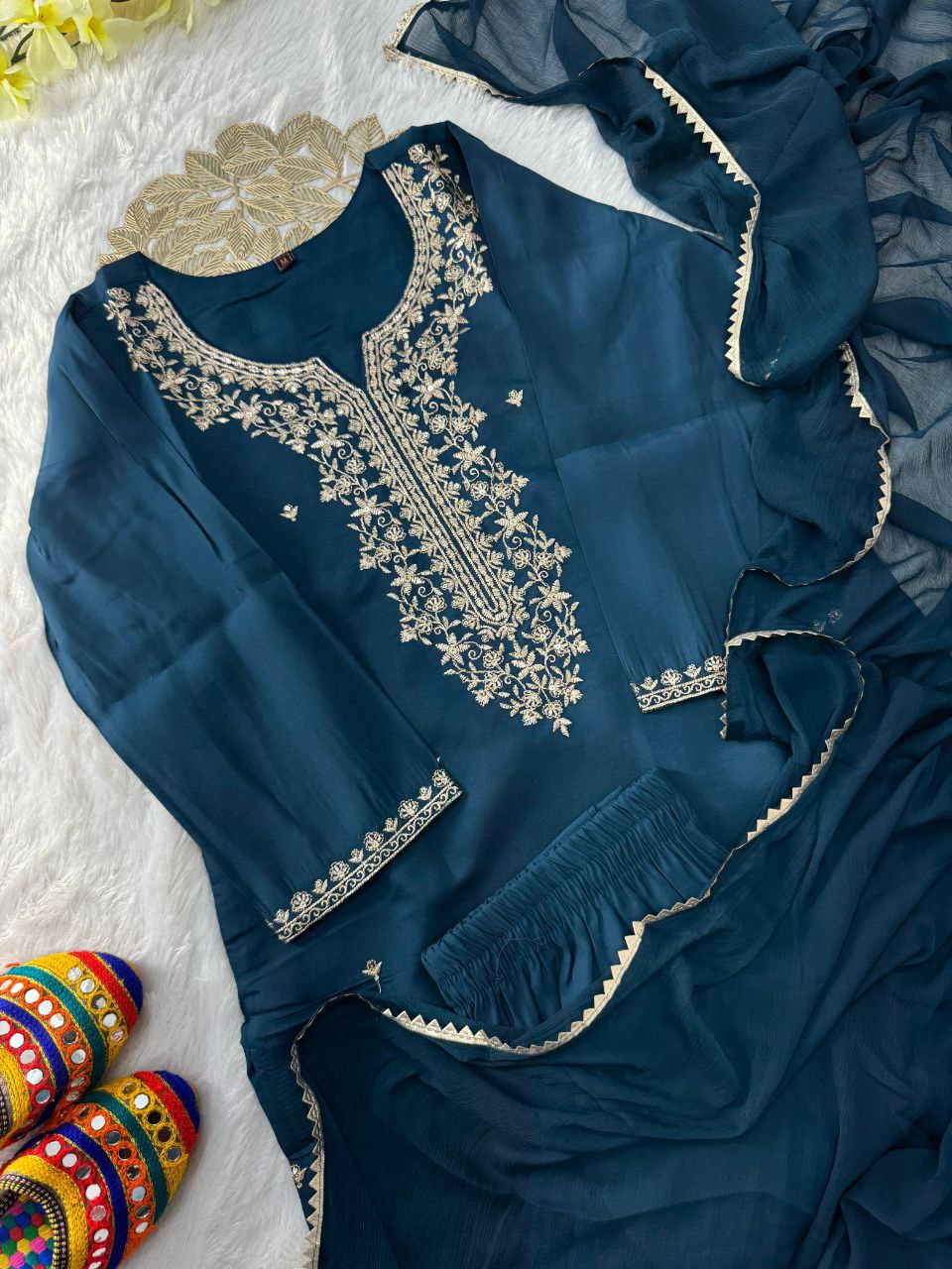 Sequin embroidered Roman Silk kurti pant set with Nazneen dupatta - Midnight Blue - KUR-001 - image 9