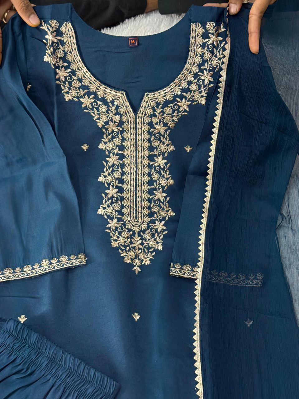 Sequin embroidered Roman Silk kurti pant set with Nazneen dupatta - Midnight Blue - KUR-001 - image 8
