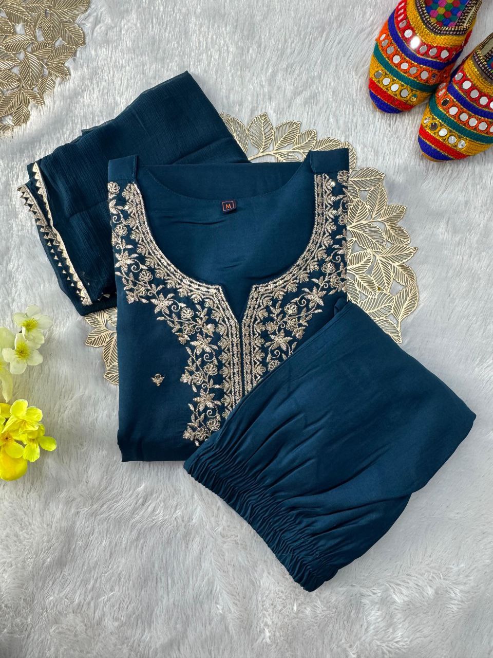 Sequin embroidered Roman Silk kurti pant set with Nazneen dupatta - Midnight Blue - KUR-001 - image 7