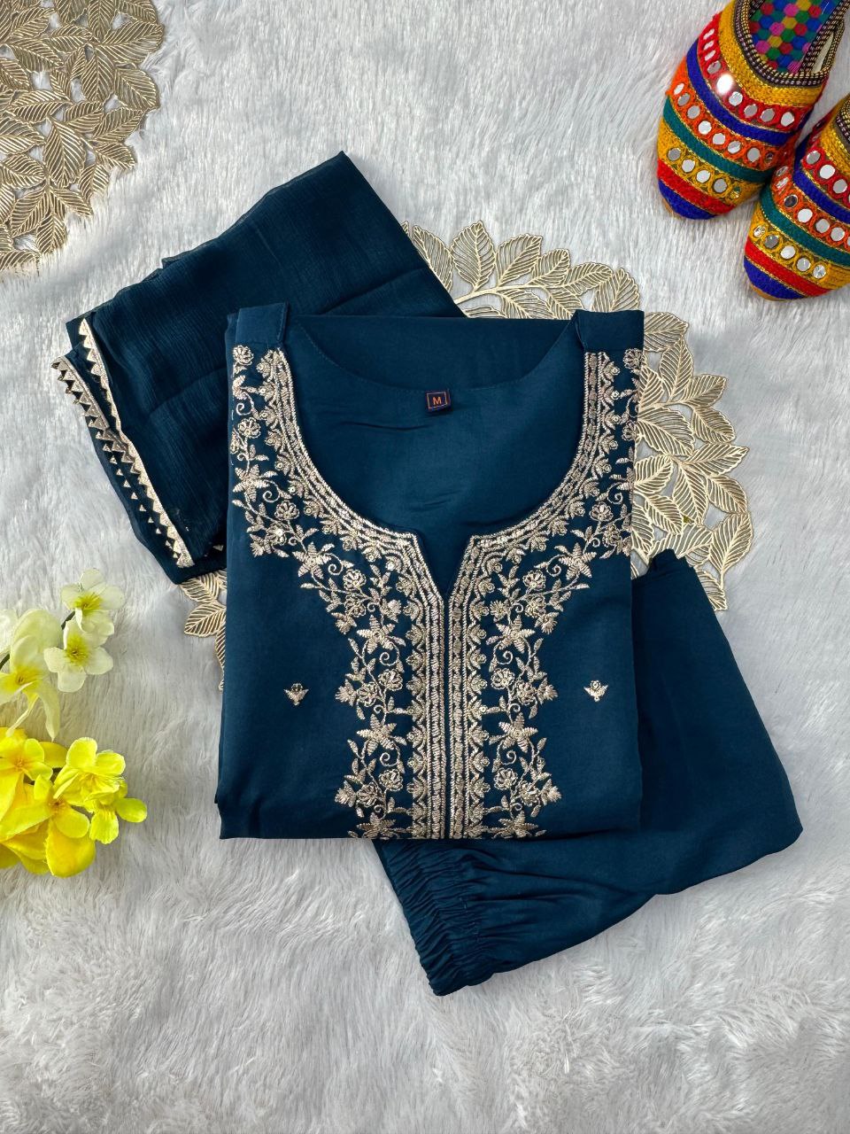 Sequin embroidered Roman Silk kurti pant set with Nazneen dupatta - Midnight Blue - KUR-001 - image 6