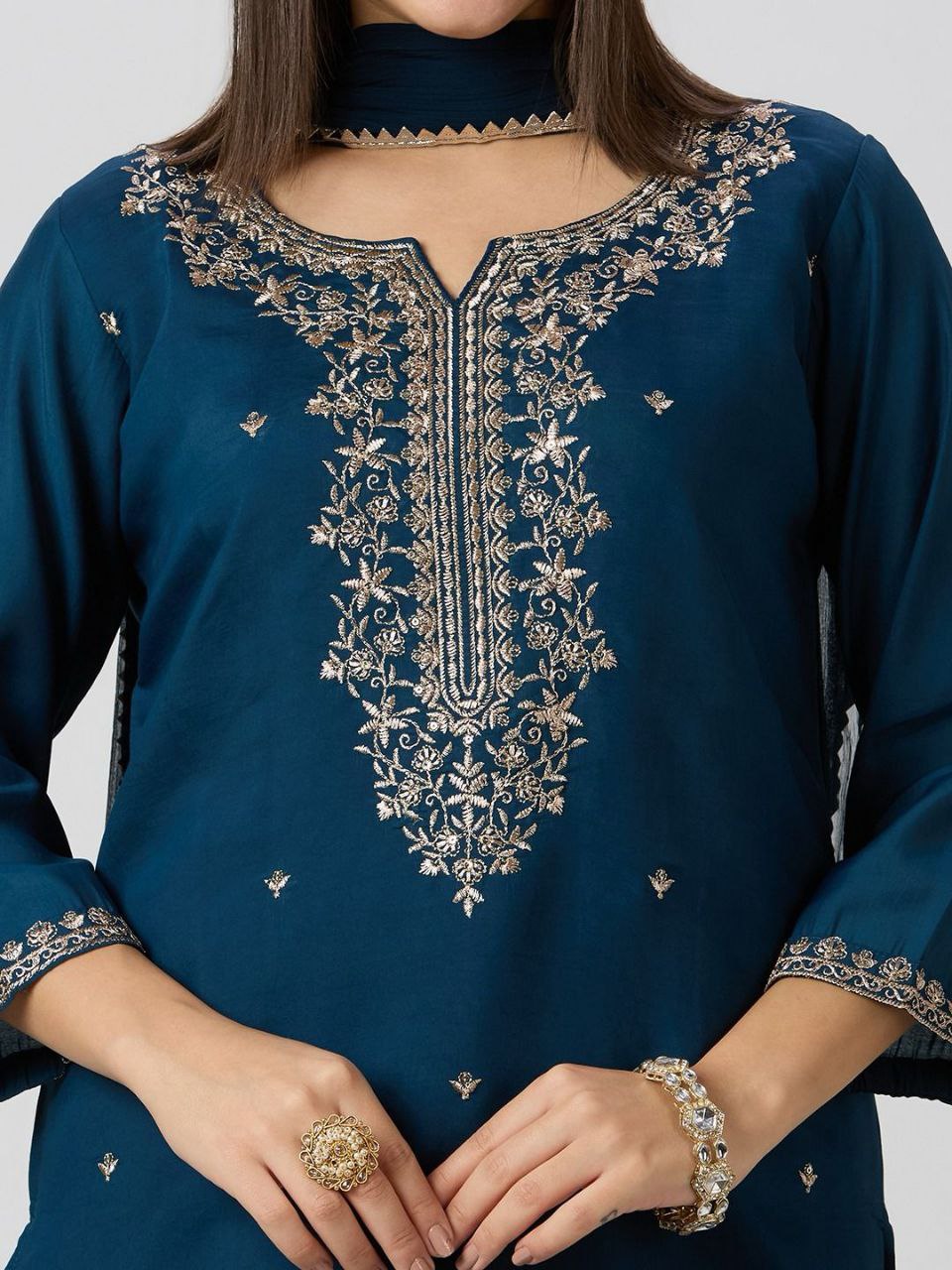 Sequin embroidered Roman Silk kurti pant set with Nazneen dupatta - Midnight Blue - KUR-001 - image 3