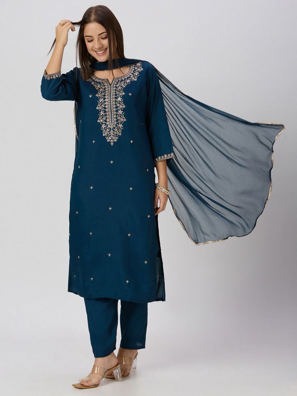 Sequin embroidered Roman Silk kurti pant set with Nazneen dupatta - Midnight Blue - KUR-001 - image 5