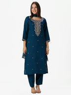 Sequin embroidered Roman Silk kurti pant set with Nazneen dupatta - Midnight Blue - KUR-001 - image 4