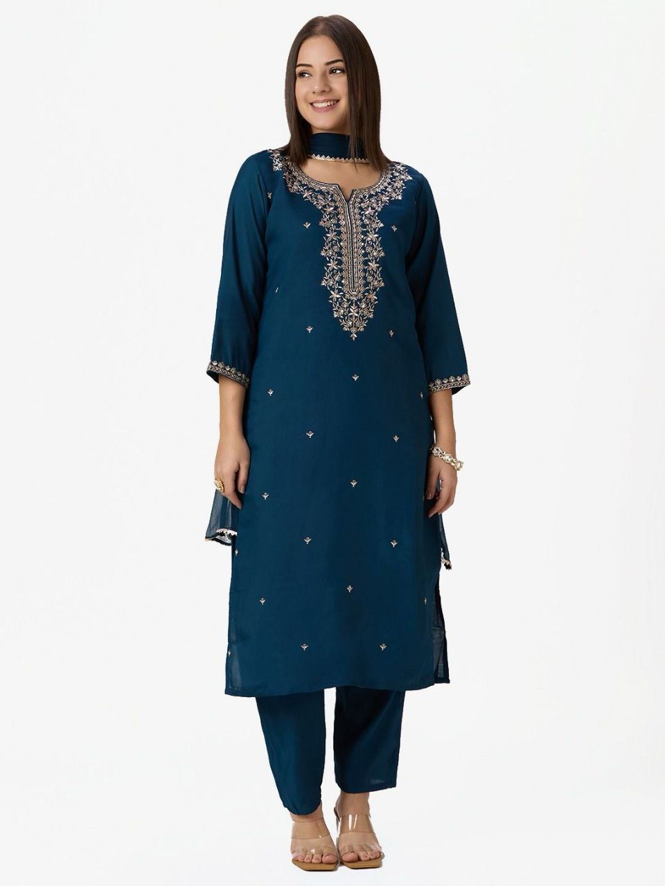 Sequin embroidered Roman Silk kurti pant set with Nazneen dupatta - Midnight Blue - KUR-001 - image 4