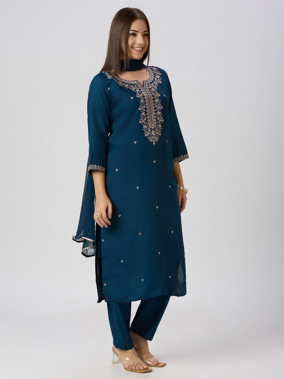 Sequin embroidered Roman Silk kurti pant set with Nazneen dupatta - Midnight Blue - KUR-001 - image 2