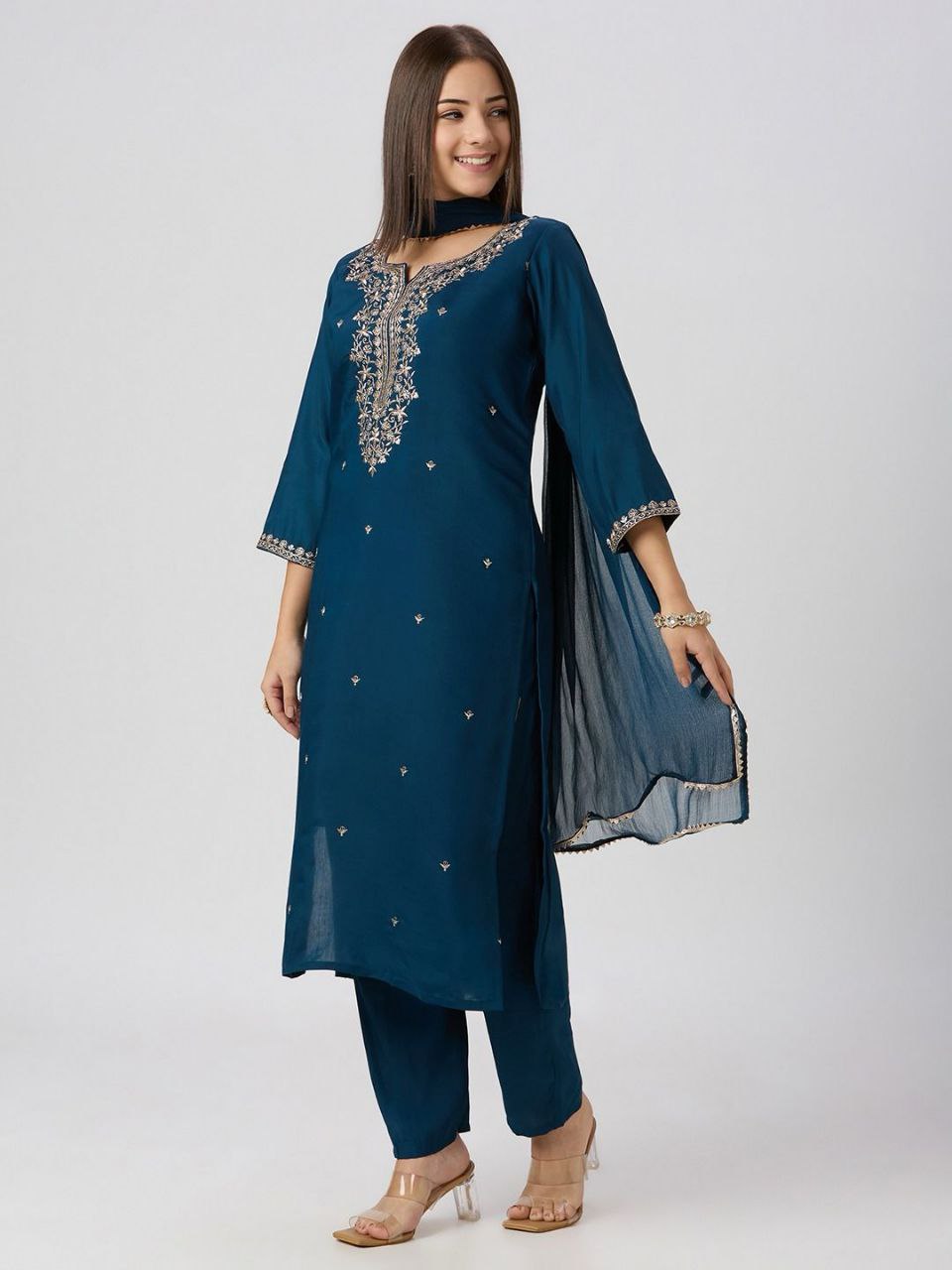 Sequin embroidered Roman Silk kurti pant set with Nazneen dupatta - Midnight Blue - KUR-001 - image 1