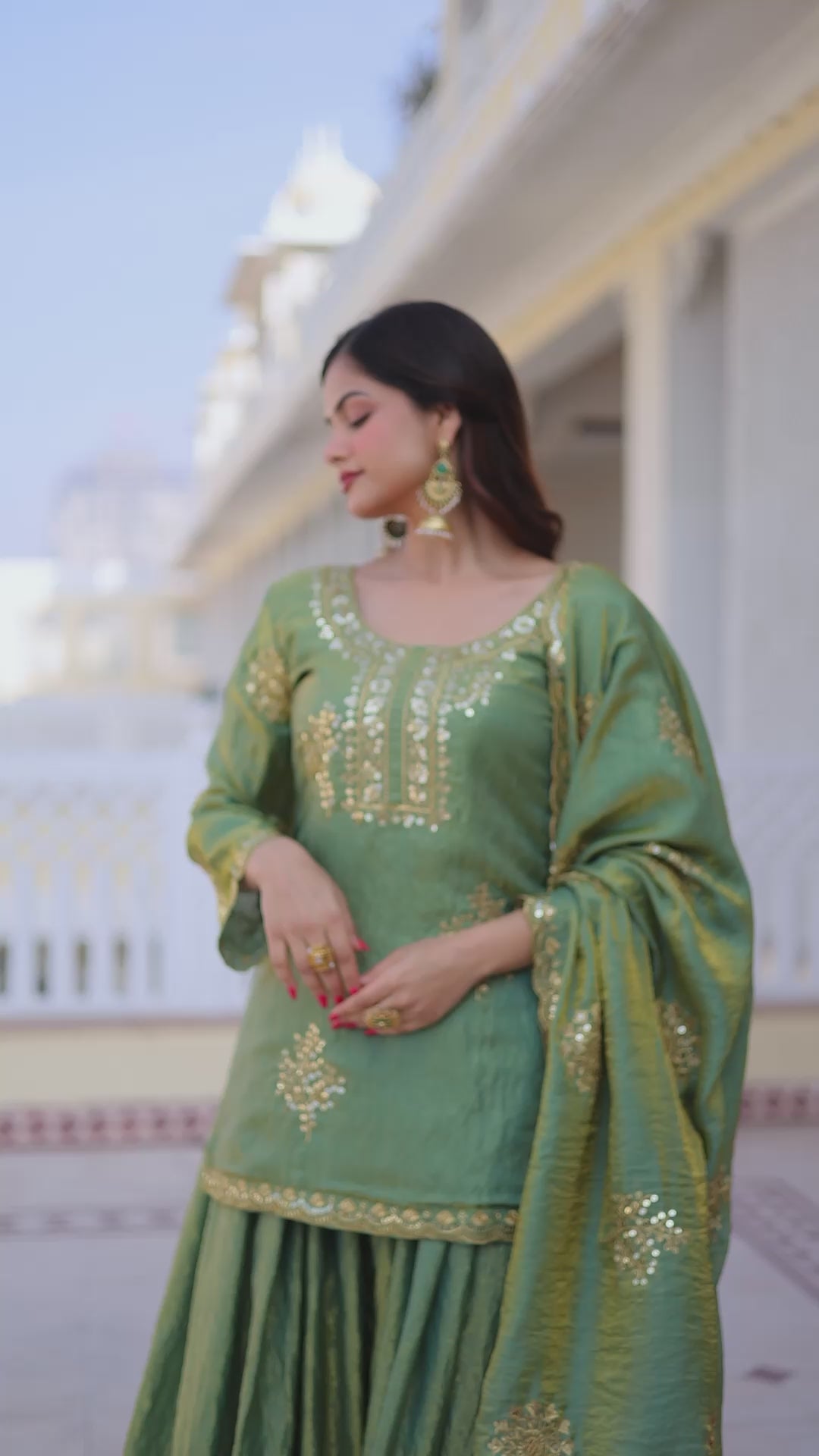 Sage Gray Fendi Crush embroidered sharara set with dupatta video