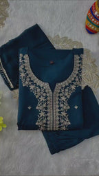 Sequin Embroidered Roman Silk Kurti Pant Set with Dupatta