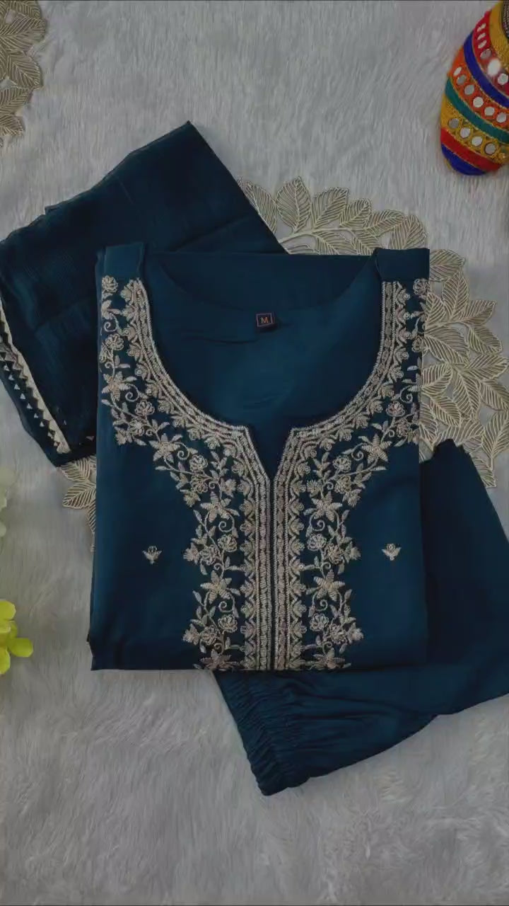 Sequin Embroidered Roman Silk Kurti Pant Set with Dupatta