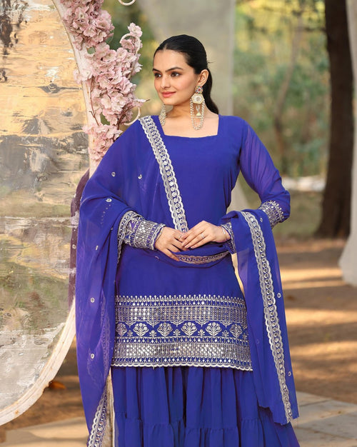 Blue embroidered georgette kurta sharara set with dupatta