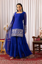 Blue embroidered georgette kurta sharara set with dupatta - product photo 2