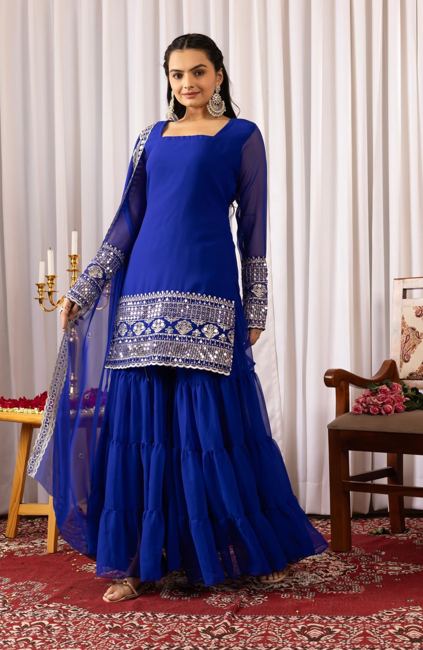 Blue embroidered georgette kurta sharara set with dupatta - product photo 2