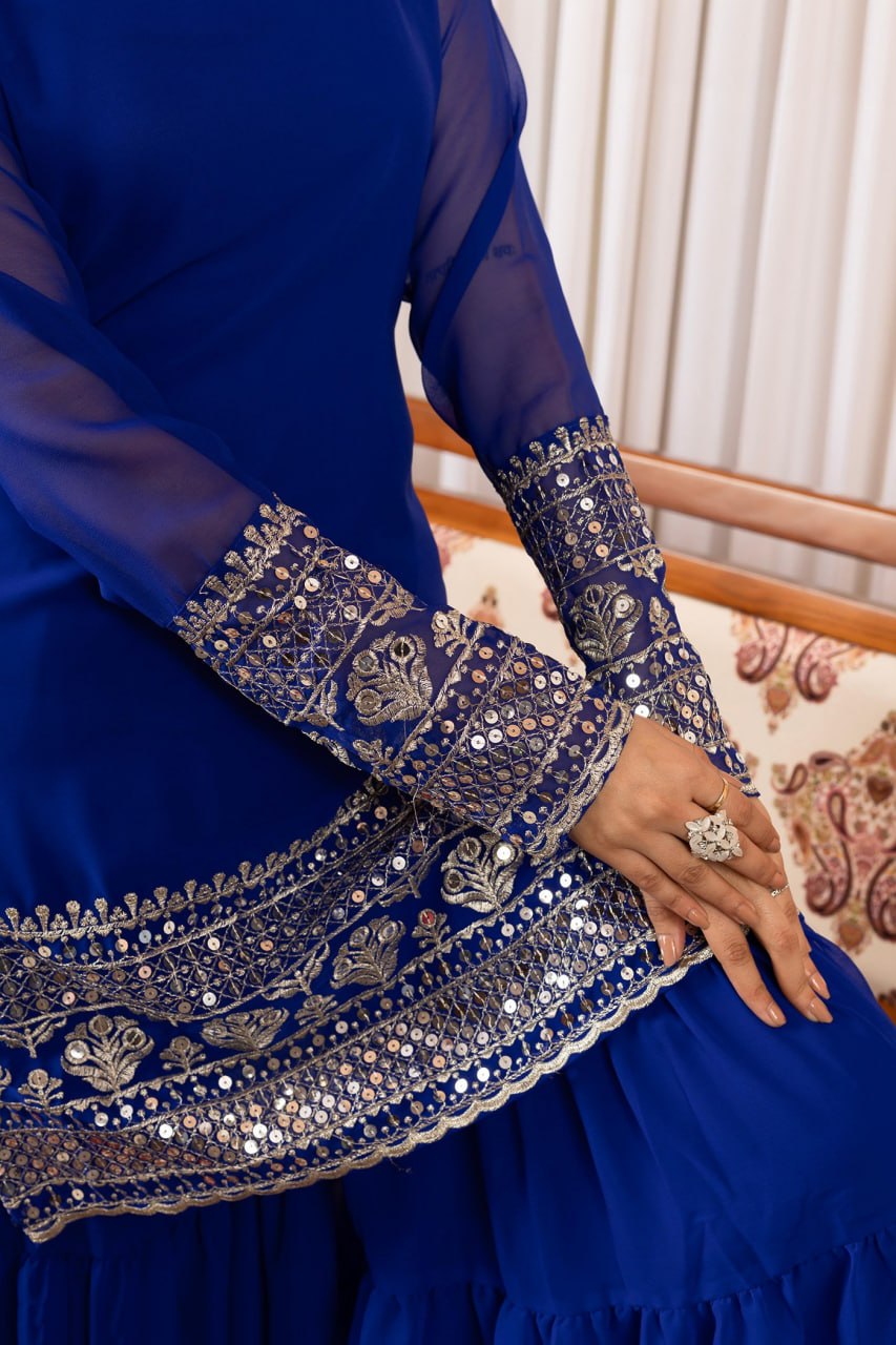 Blue embroidered georgette kurta sharara set with dupatta - product photo 3
