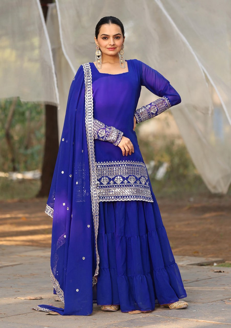 Blue embroidered georgette kurta sharara set with dupatta - product photo 4
