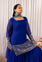 Blue embroidered georgette kurta sharara set with dupatta - product photo 5