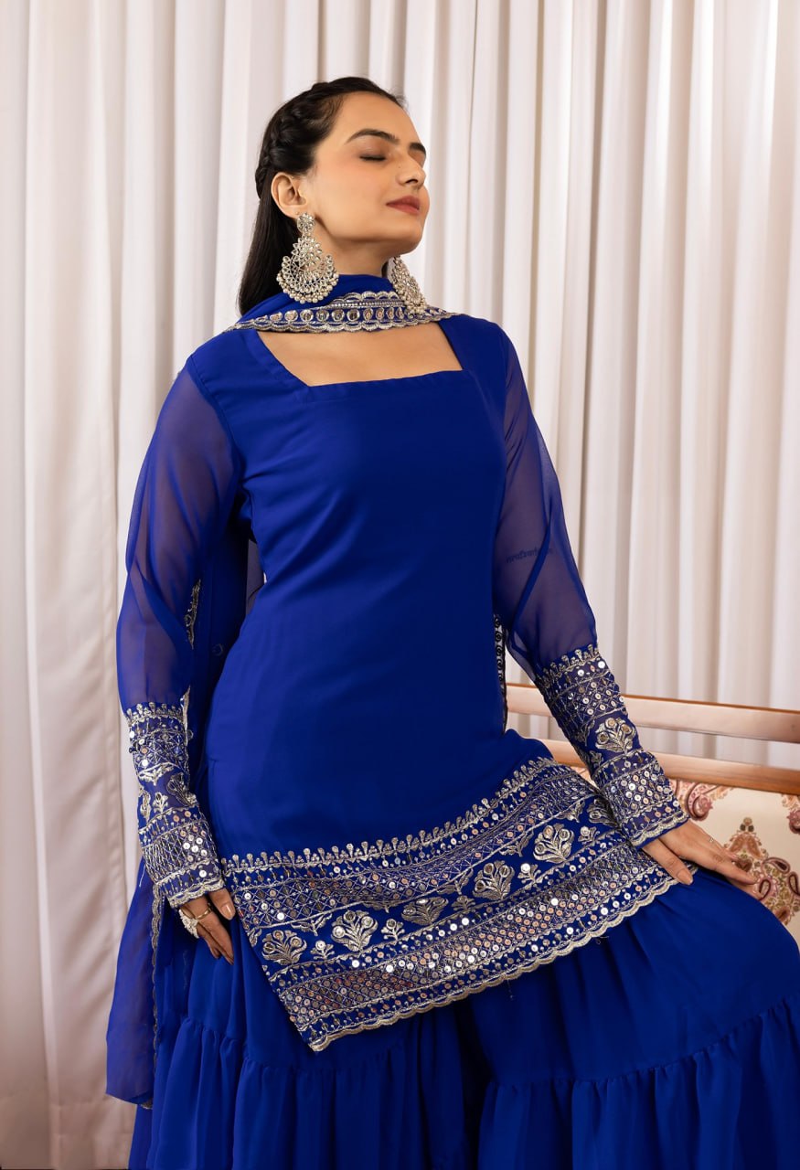 Blue embroidered georgette kurta sharara set with dupatta - product photo 5