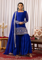 Blue embroidered georgette kurta sharara set with dupatta - product photo 8